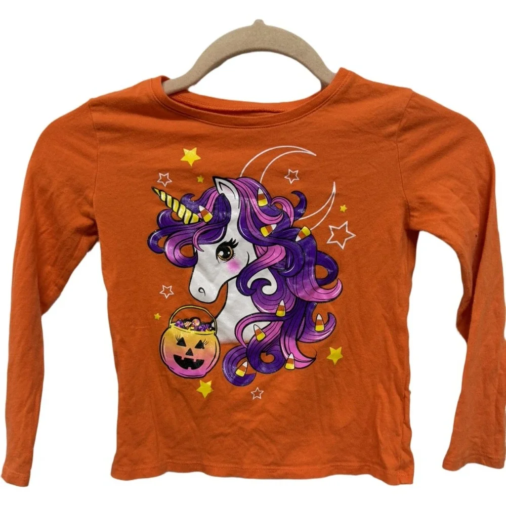 The Children's Place Girls 5/6 Halloween Unicorn Candy Corn Orange Shirt
